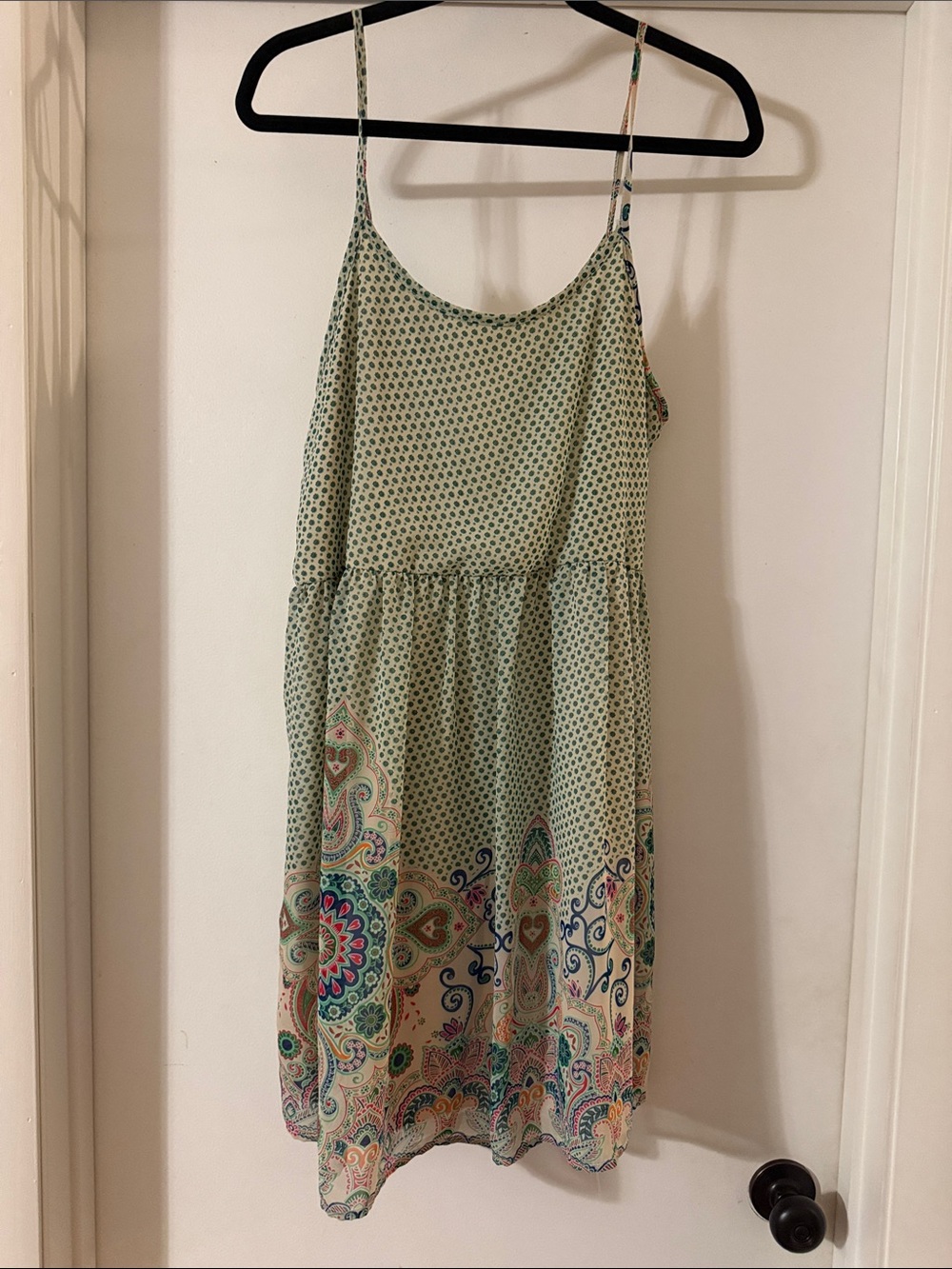 Paper Crane Light Green Paisley Border Spaghetti Strap Dress